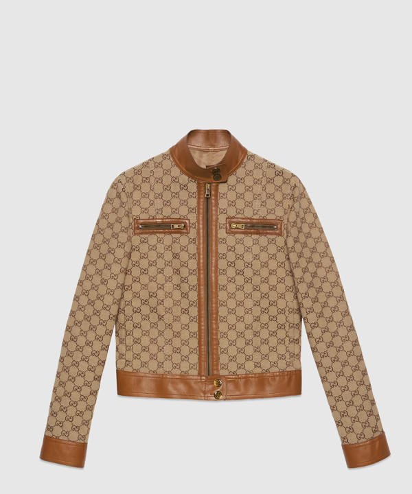 [GUCCI-구찌]레더 트리밍 디테일의 GG 캔버스 재킷 681034