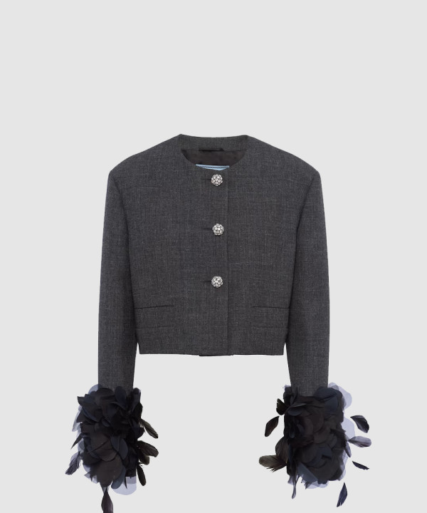 [PRADA-프라다]페더 트리밍 싱글 브레스티드 울 재킷 P521OR