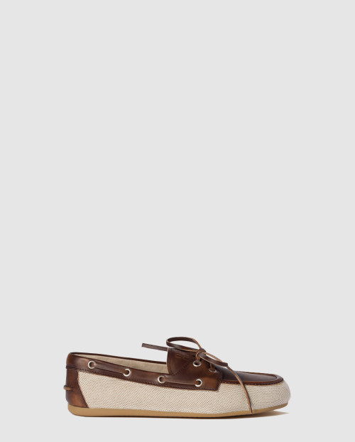 [MIUMIU-미우미우]캔버스와 표백된 가죽 보트 슈즈 5D376E