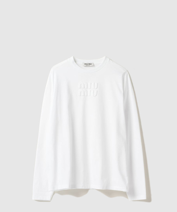 [MIUMIU-미우미우]자수 로고 장식 코튼 티셔츠 MJL862