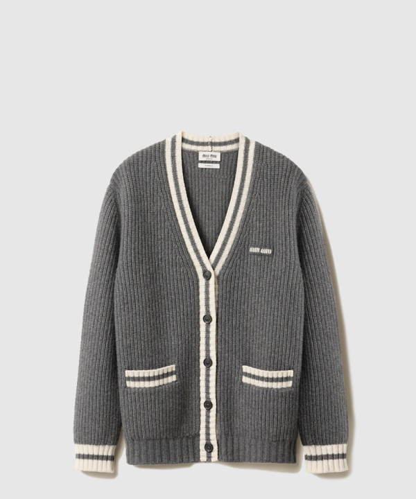 [MIUMIU-미우미우]립 조직 니트 울 및 캐시미어 가디건 MMF929