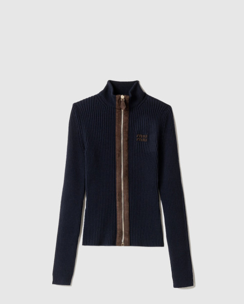 [MIUMIU-미우미우]캐시미어 및 가죽 지퍼 가디건 MMF992