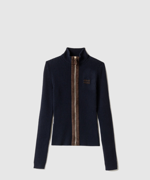 [MIUMIU-미우미우]캐시미어 및 가죽 지퍼 가디건 MMF992